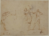 The Martyrdom of Saint Sebastian (recto); Bearded Old Man Blessing Seen in Half-length (verso), attributed to Francesco Allegrini (Italian, Cantiano (?) 1615/20–after 1679 Gubbio (?)), Pen and brown ink (recto and verso). 
Framing lines in black chalk, and pen and brown ink on mount